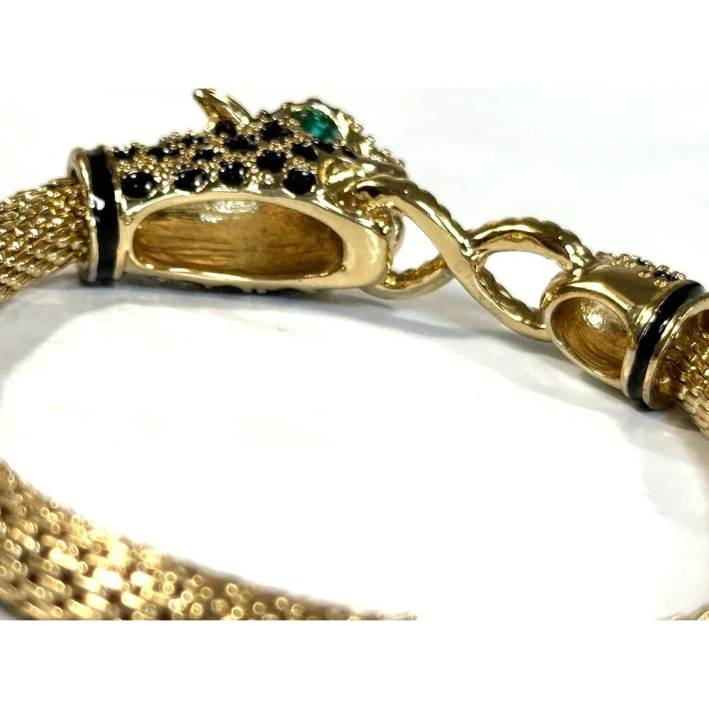 Vintage Double Leopard Panther Mesh Bracelet Green Eyes Gold Tone Statement